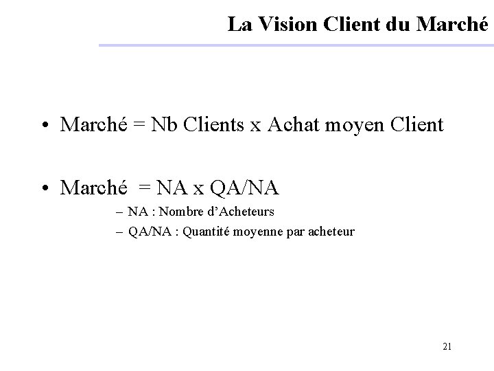 La Vision Client du Marché • Marché = Nb Clients x Achat moyen Client