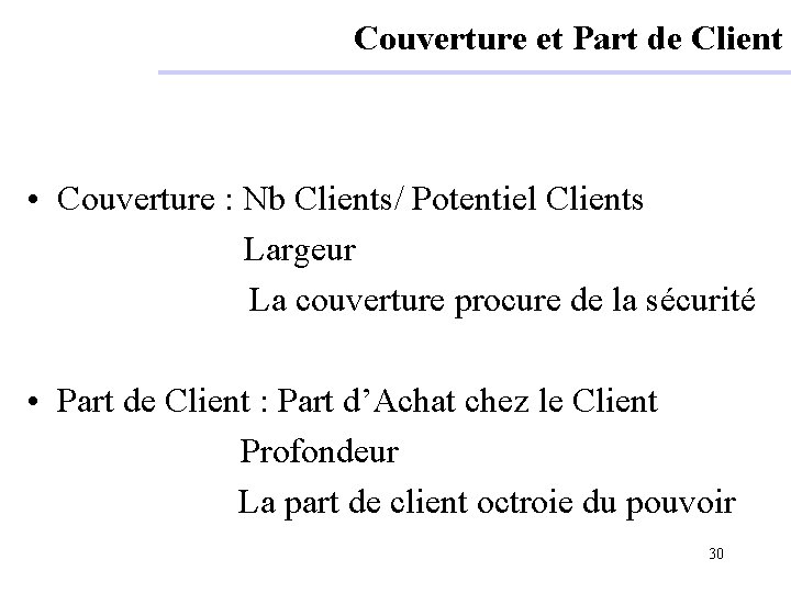 Couverture et Part de Client • Couverture : Nb Clients/ Potentiel Clients Largeur La