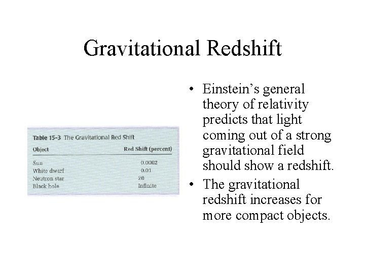 Gravitational Redshift • Einstein’s general theory of relativity predicts that light coming out of