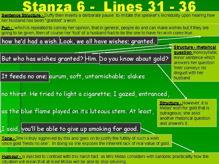 Stanza 6 - Lines 31 - 36 Sentence Structure - Duffy then inserts a