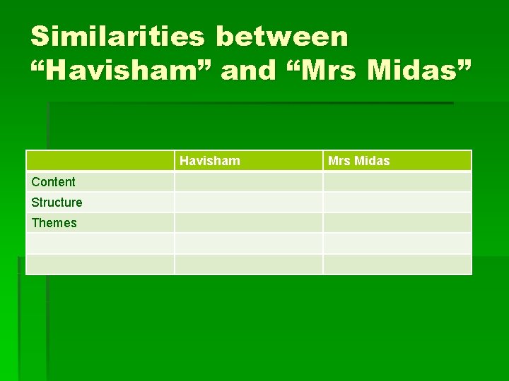 Similarities between “Havisham” and “Mrs Midas” Havisham Content Structure Themes Mrs Midas 