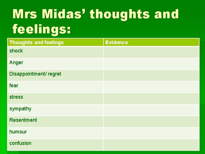 Mrs Midas’ thoughts and feelings: Thoughts and feelings shock Anger Disappointment/ regret fear stress