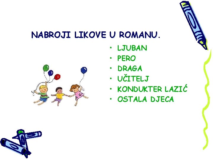 NABROJI LIKOVE U ROMANU. • • • LJUBAN PERO DRAGA UČITELJ KONDUKTER LAZIĆ OSTALA