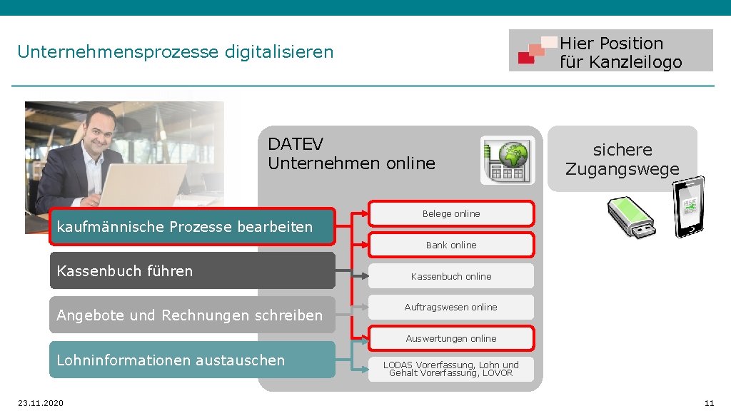 Hier Position für Kanzleilogo Unternehmensprozesse digitalisieren DATEV Unternehmen online kaufmännische Prozesse bearbeiten sichere Zugangswege