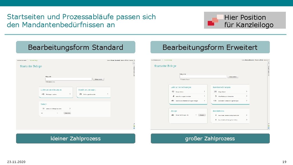 Startseiten und Prozessabläufe passen sich den Mandantenbedürfnissen an 23. 11. 2020 Hier Position für