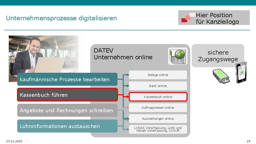 Hier Position für Kanzleilogo Unternehmensprozesse digitalisieren DATEV Unternehmen online kaufmännische Prozesse bearbeiten sichere Zugangswege