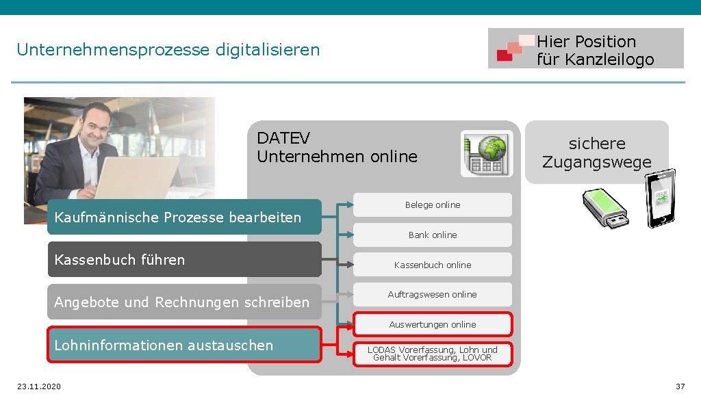 Hier Position für Kanzleilogo Unternehmensprozesse digitalisieren DATEV Unternehmen online Kaufmännische Prozesse bearbeiten sichere Zugangswege
