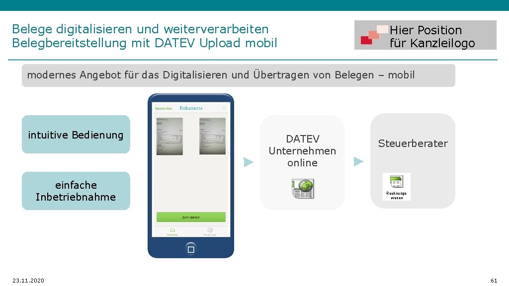 Belege digitalisieren und weiterverarbeiten Belegbereitstellung mit DATEV Upload mobil Hier Position für Kanzleilogo modernes