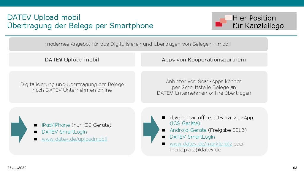 DATEV Upload mobil Übertragung der Belege per Smartphone Hier Position für Kanzleilogo modernes Angebot