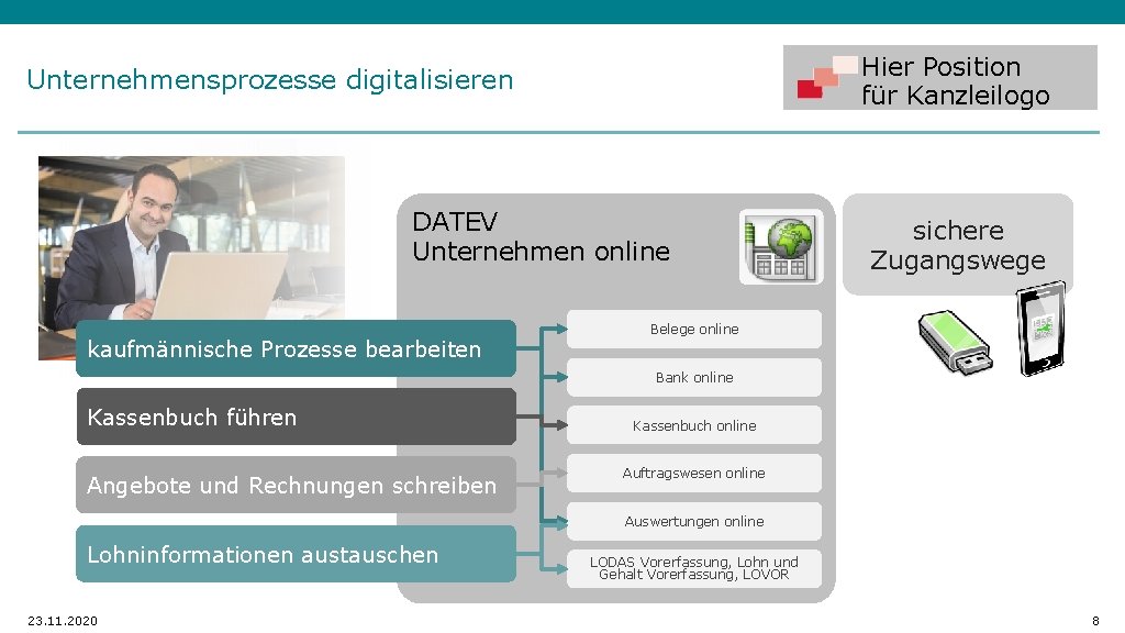 Hier Position für Kanzleilogo Unternehmensprozesse digitalisieren DATEV Unternehmen online kaufmännische Prozesse bearbeiten sichere Zugangswege