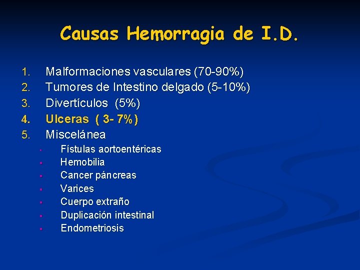 Causas Hemorragia de I. D. Malformaciones vasculares (70 -90%) Tumores de Intestino delgado (5 Causas Hemorragia de I. D. Malformaciones vasculares (70 -90%) Tumores de Intestino delgado (5