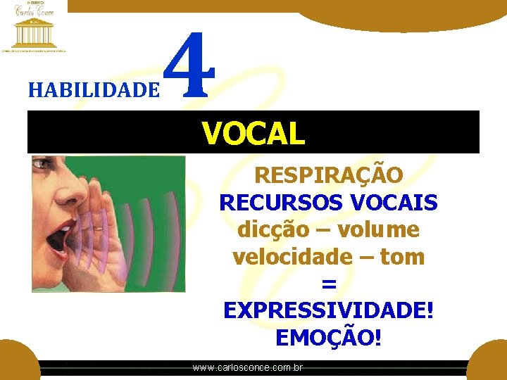 HABILIDADE 4 VOCAL RESPIRAÇÃO RECURSOS VOCAIS dicção – volume velocidade – tom = EXPRESSIVIDADE! HABILIDADE 4 VOCAL RESPIRAÇÃO RECURSOS VOCAIS dicção – volume velocidade – tom = EXPRESSIVIDADE!