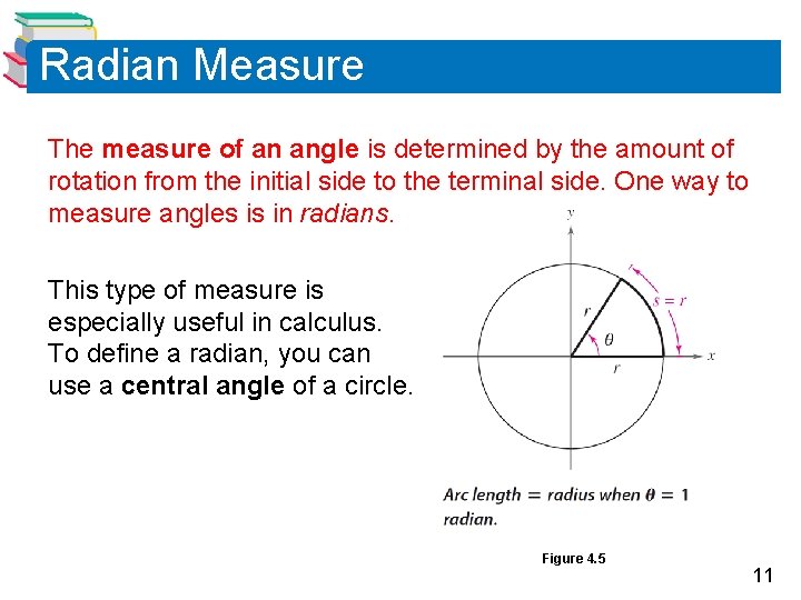Radian Measure The measure of an angle is determined by the amount of rotation