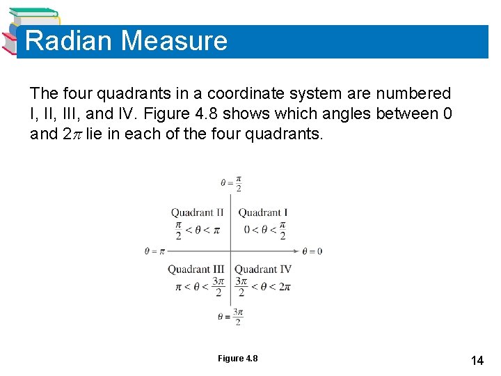 Radian Measure The four quadrants in a coordinate system are numbered I, III, and