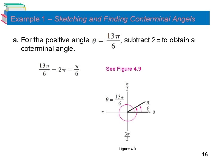 Example 1 – Sketching and Finding Conterminal Angels a. For the positive angle coterminal