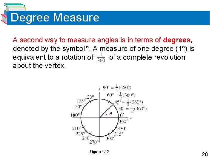 Degree Measure A second way to measure angles is in terms of degrees, denoted