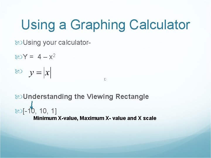 Using a Graphing Calculator Using your calculator Y = 4 – x 2 Understanding