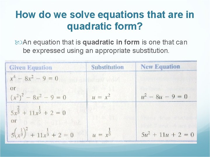 How do we solve equations that are in quadratic form? An equation that is