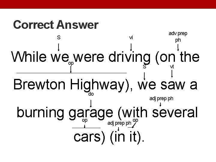 Correct Answer S adv prep ph vi While we were driving (on the op