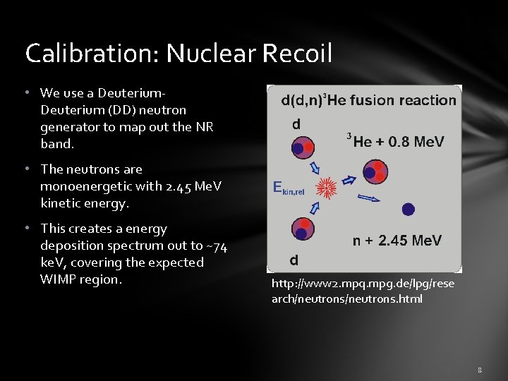 Calibration: Nuclear Recoil • We use a Deuterium (DD) neutron generator to map out