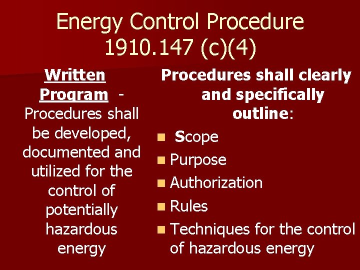 Energy Control Procedure 1910. 147 (c)(4) Written Program - Procedures shall be developed, documented