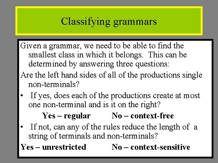 Classifying grammars Given a grammar, we need to be able to find the smallest Classifying grammars Given a grammar, we need to be able to find the smallest