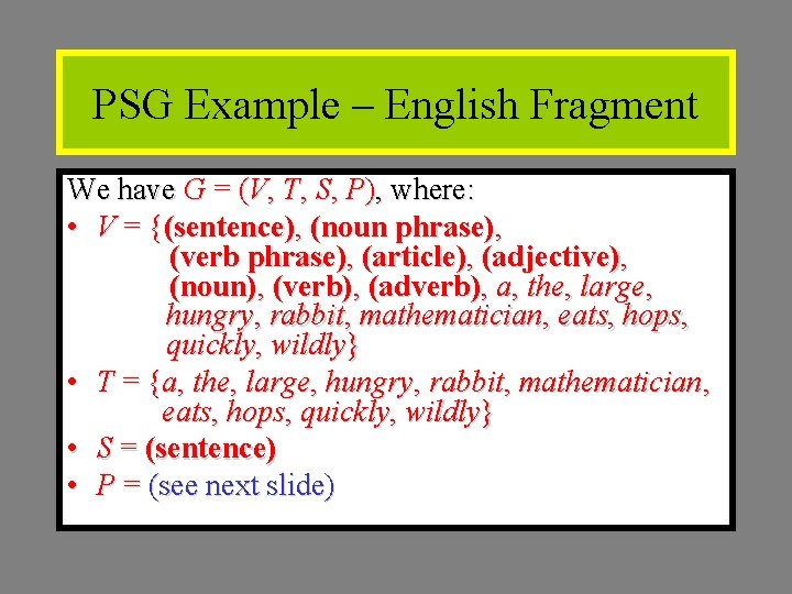 PSG Example – English Fragment We have G = (V, T, S, P), where: PSG Example – English Fragment We have G = (V, T, S, P), where: