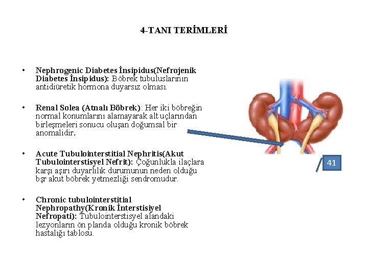 4 -TANI TERİMLERİ • Nephrogenic Diabetes İnsipidus(Nefrojenik Diabetes İnsipidus): Böbrek tubuluslarının antidiüretik hormona duyarsız