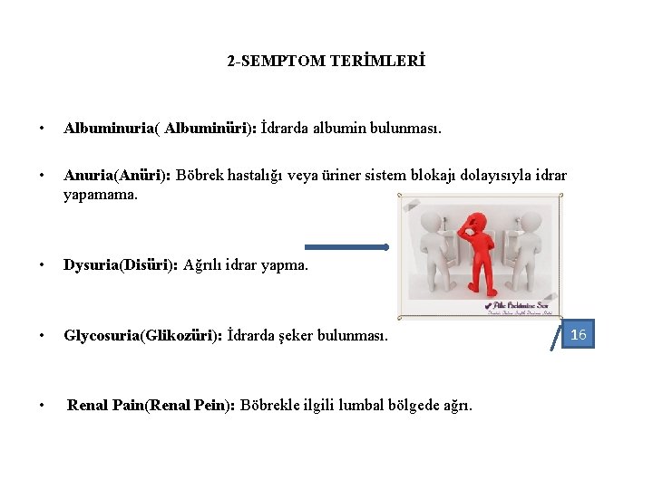 2 -SEMPTOM TERİMLERİ • Albuminuria( Albuminüri): İdrarda albumin bulunması. • Anuria(Anüri): Böbrek hastalığı veya