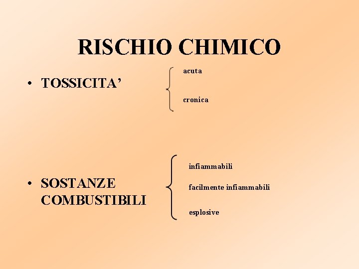 RISCHIO CHIMICO • TOSSICITA’ acuta cronica infiammabili • SOSTANZE COMBUSTIBILI facilmente infiammabili esplosive 