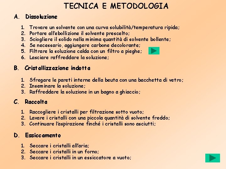 TECNICA E METODOLOGIA A. Dissoluzione 1. 2. 3. 4. 5. 6. Trovare un solvente