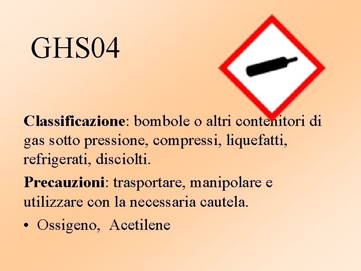 GHS 04 Classificazione: bombole o altri contenitori di gas sotto pressione, compressi, liquefatti, refrigerati,