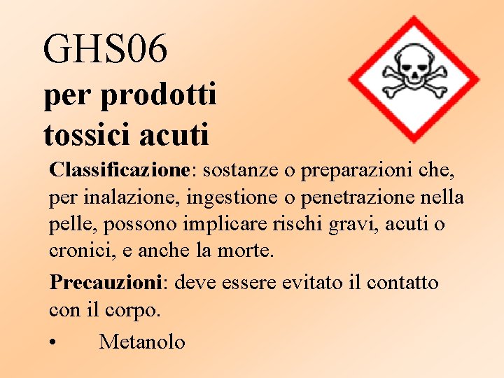 GHS 06 per prodotti tossici acuti Classificazione: sostanze o preparazioni che, per inalazione, ingestione