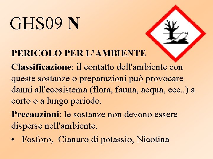 GHS 09 N PERICOLO PER L’AMBIENTE Classificazione: il contatto dell'ambiente con queste sostanze o