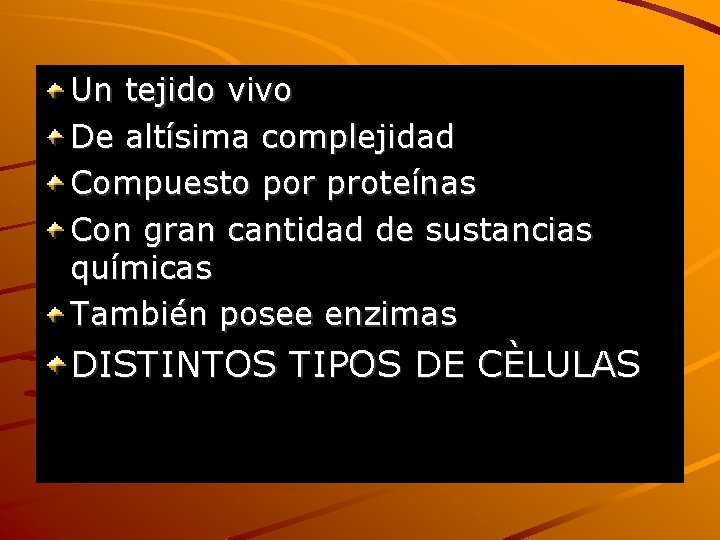 Un tejido vivo De altísima complejidad Compuesto por proteínas Con gran cantidad de sustancias