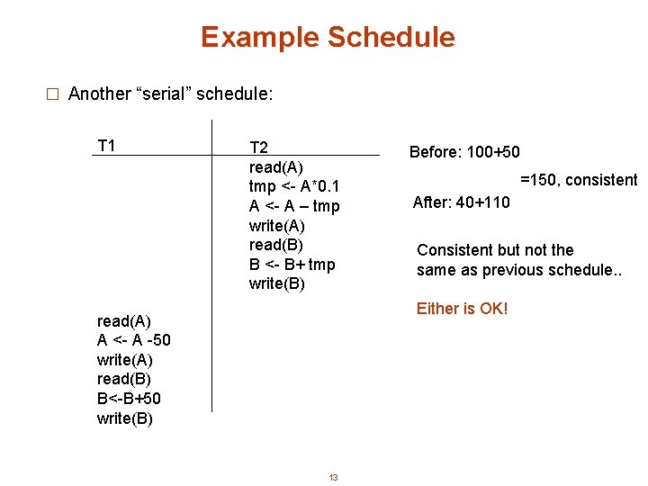 Example Schedule � Another “serial” schedule: T 1 T 2 read(A) tmp <- A*0.