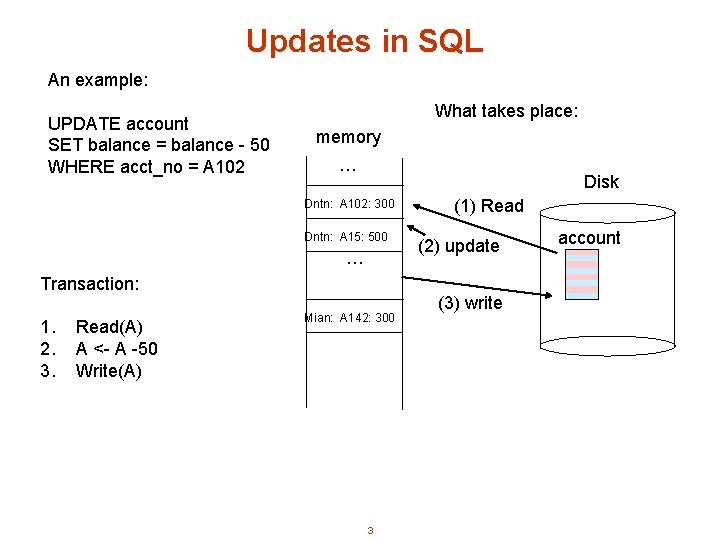 Updates in SQL An example: UPDATE account SET balance = balance - 50 WHERE