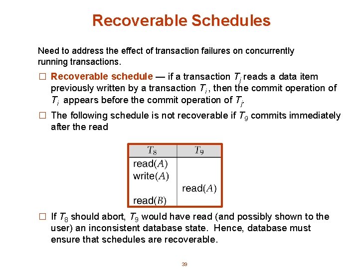 Recoverable Schedules Need to address the effect of transaction failures on concurrently running transactions.