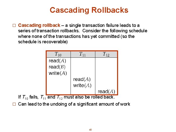 Cascading Rollbacks � Cascading rollback – a single transaction failure leads to a series