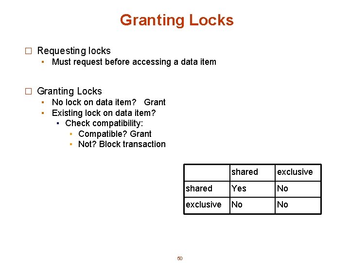 Granting Locks � Requesting locks ▪ Must request before accessing a data item �