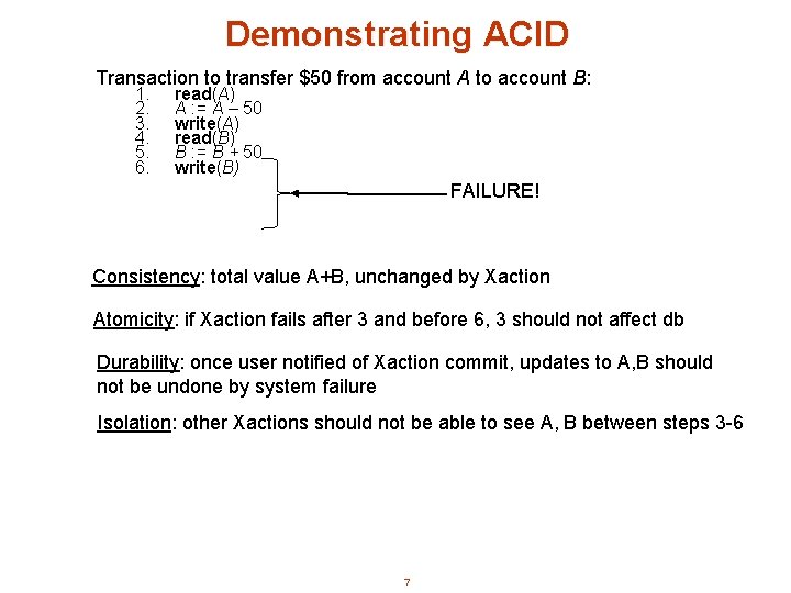 Demonstrating ACID Transaction to transfer $50 from account A to account B: 1. 2.