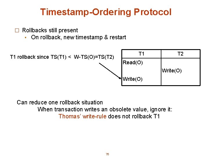 Timestamp-Ordering Protocol � Rollbacks still present ▪ On rollback, new timestamp & restart T