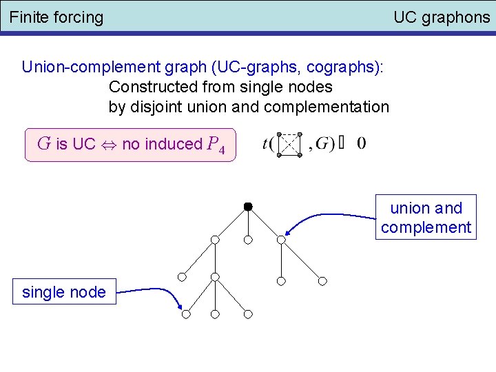 Finite forcing UC graphons Union-complement graph (UC-graphs, cographs): Constructed from single nodes by disjoint