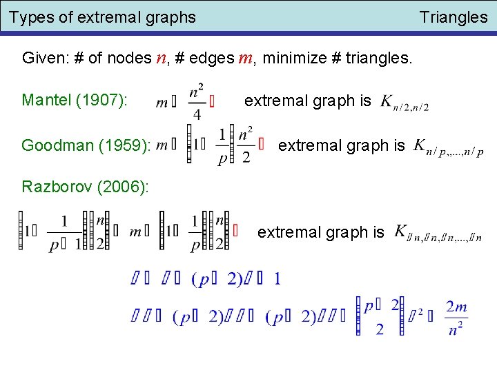 Types of extremal graphs Triangles Given: # of nodes n, # edges m, minimize