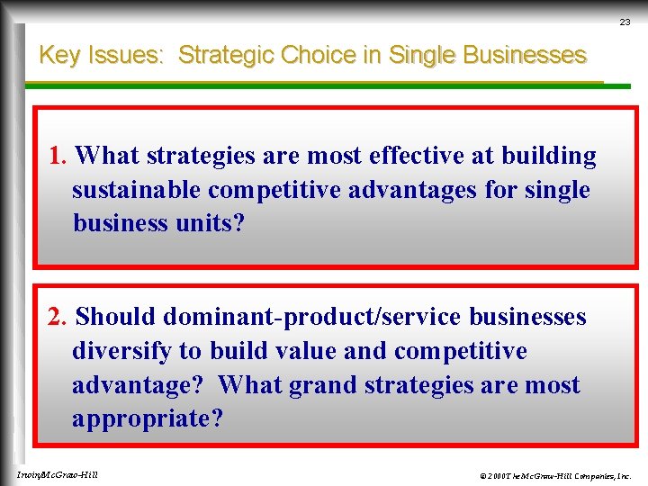 23 Key Issues: Strategic Choice in Single Businesses 1. What strategies are most effective