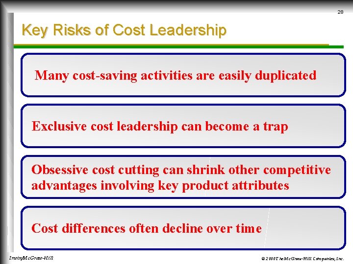 28 Key Risks of Cost Leadership Many cost-saving activities are easily duplicated Exclusive cost