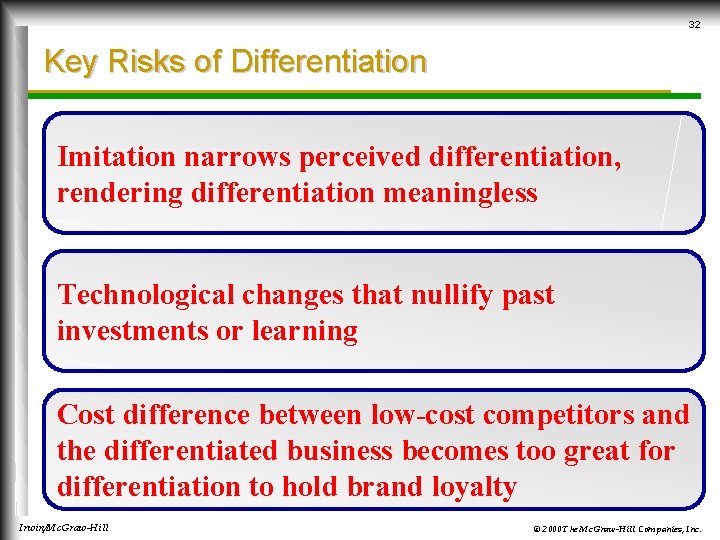 32 Key Risks of Differentiation Imitation narrows perceived differentiation, rendering differentiation meaningless Technological changes
