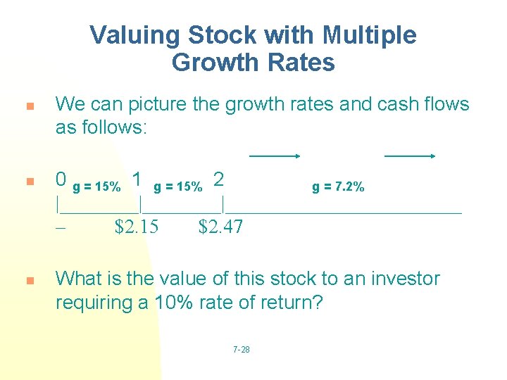 Valuing Stock with Multiple Growth Rates n n n We can picture the growth