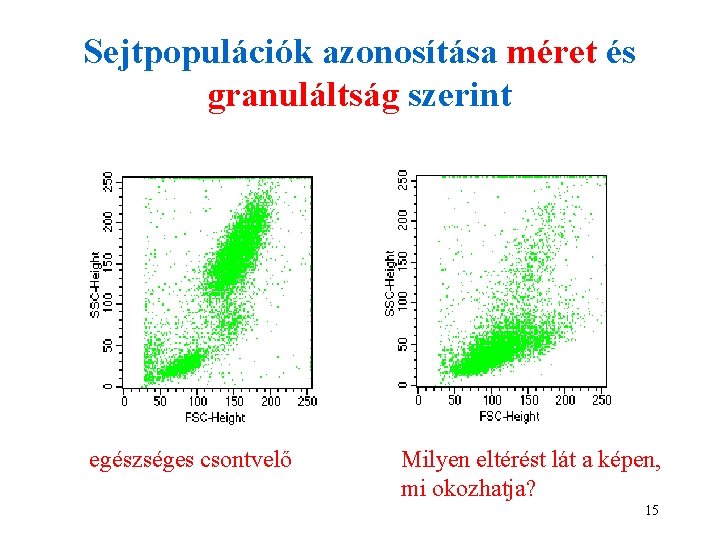 Sejtpopulációk azonosítása méret és granuláltság szerint egészséges csontvelő Milyen eltérést lát a képen, mi Sejtpopulációk azonosítása méret és granuláltság szerint egészséges csontvelő Milyen eltérést lát a képen, mi