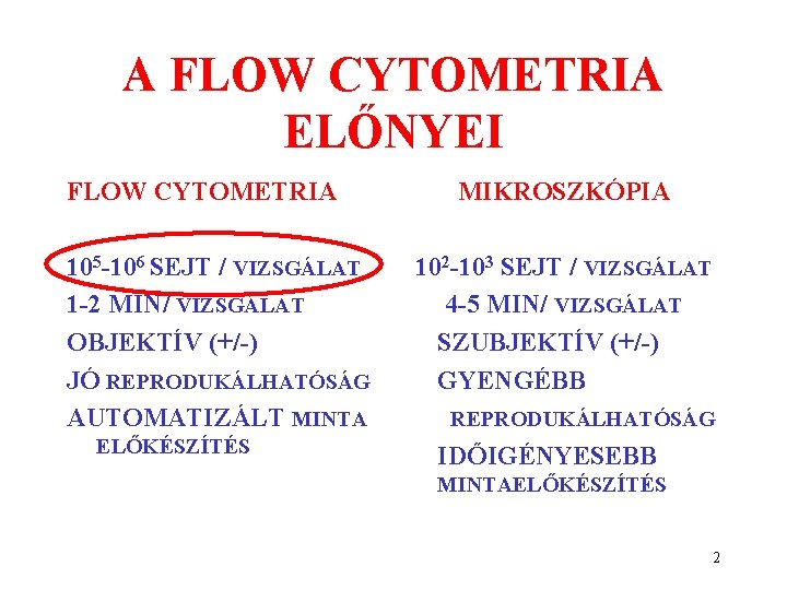 A FLOW CYTOMETRIA ELŐNYEI FLOW CYTOMETRIA 105 -106 SEJT / VIZSGÁLAT 1 -2 MIN/ A FLOW CYTOMETRIA ELŐNYEI FLOW CYTOMETRIA 105 -106 SEJT / VIZSGÁLAT 1 -2 MIN/